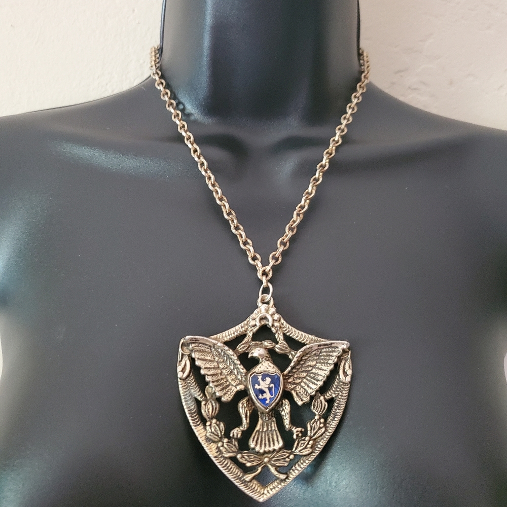 Vintage Heraldic Lion in Blue Enamel Shield Medallion necklace